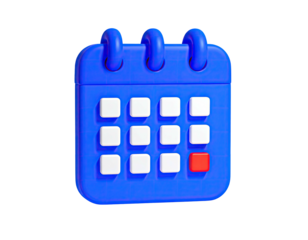 3D-rendered blue calendar with white date boxes, one highlighted in red