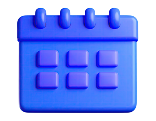 A 3D rendered blue calendar icon with rounded edges on a black background