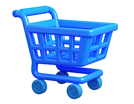 3D-rendered, blue shopping cart with shadowed highlights against a black background
