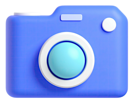 Blue 3D rendering of a camera with a large lens, simplistic style