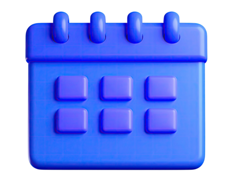 A 3D rendered blue calendar icon with rounded edges on a black background