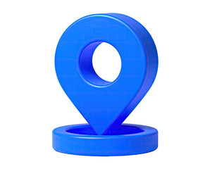 A 3D-rendered, blue map pin, isolated on black