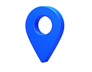 Blue 3D location pin, glossy texture, hovering against a stark, black background