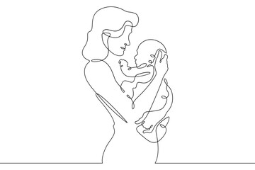 Continuous one line drawing Mother and child. A woman holding a newborn baby. Motherhood. Line art.One continuous line isolated illustration.Not AI.