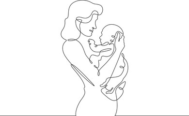 Continuous one line drawing Mother and child. A woman holding a newborn baby. Motherhood. Line art.One continuous line isolated illustration.Not AI.