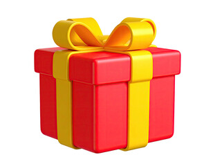 A vibrant, 3D-rendered gift box, red with a yellow ribbon, isolated on black