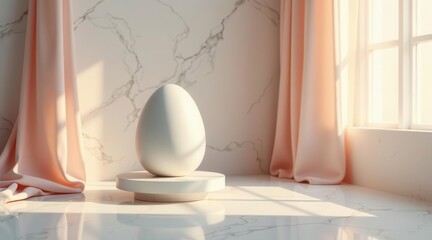 Serene Minimalist Still Life A Single Egg on a Pedestal, Bathed in Soft Sunlight Streaming Through Sheer Curtains Against a Marble Wall