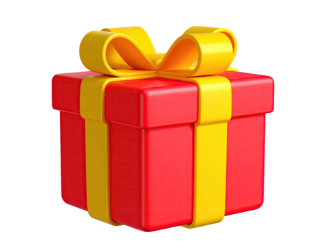 A vibrant, 3D-rendered gift box, red with a yellow ribbon, isolated on black - Powered by Adobe
