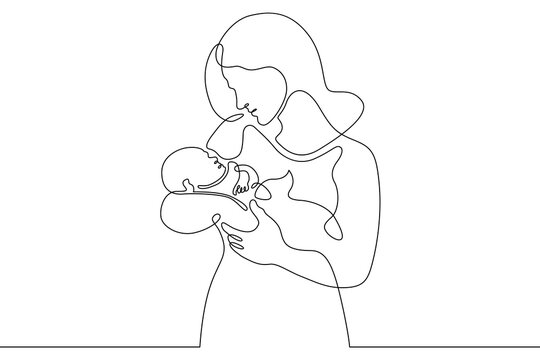 Continuous one line drawing Mother and child. A woman holding a newborn baby. Motherhood. Line art.One continuous line isolated illustration.Not AI.