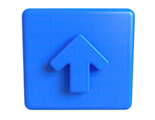 A glossy blue, 3D arrow pointing upward on a textured square