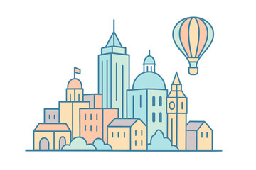 Colorful urban skyline with diverse architecture and a hot air balloon floating above
