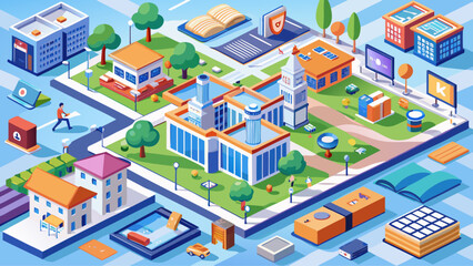 Fototapeta premium An isometric school campus featuring classrooms, bookshelves, blackboards, library rooms, university building, academic facilities, study materials, learning environment, digital training tools, 