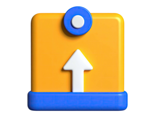 3D-rendered cartoon of a bright yellow upload icon with a white arrow