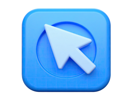 Blue 3D button icon with a white pointer inside a circle - Powered by Adobe