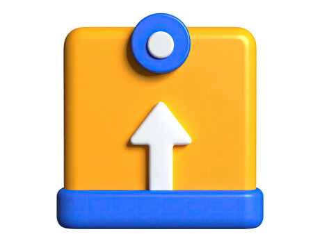 3D-rendered cartoon of a bright yellow upload icon with a white arrow