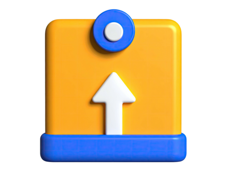 3D-rendered cartoon of a bright yellow upload icon with a white arrow