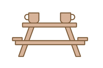 Simple wooden picnic table with two mugs for outdoor dining or relaxation