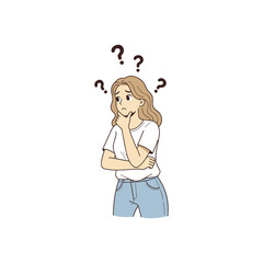 Confused woman vector illustration with question marks over head thinking doubt uncertainty problem solving concept female character cartoon flat design