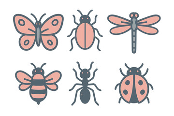 Collection of stylized insects and bugs including butterfly, bee, ant, and ladybug