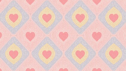 Repeating pattern of diamond shapes with hearts in soft pastel tones