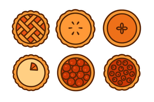 Colorful collection of hand-drawn pie designs showcasing various flavors and styles suitable for a bakery or dessert shop