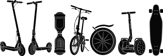 Electric scooter hoverboard folding bicycle unicycle Segway longboard silhouettes, modern eco transport, urban mobility vector illustration set, black isolated design © Its Marjia's World