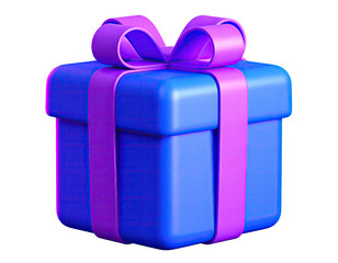 A blue gift box with a purple ribbon and bow isolated on a black background