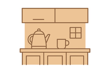 Fototapeta premium Simple kitchen scene with kettle and cup on wooden table, showcasing warm and inviting atmosphere