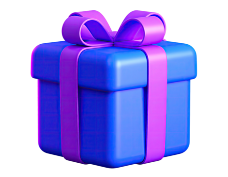 A blue gift box with a purple ribbon and bow isolated on a black background