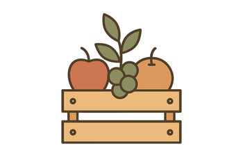Fresh fruits in a wooden crate with an apple, orange, grapes, and green leaves arranged beautifully