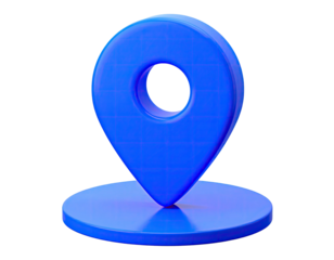 3D render of a glossy blue location marker on a circular base