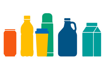 Colorful assortment of common beverage and food packaging containers for recycling