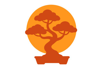 Artistic bonsai tree silhouette against vibrant orange sun backdrop at dusk