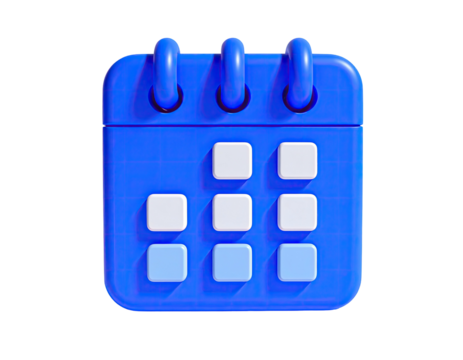 Blue 3D icon of a calendar showing several days against a stark black background