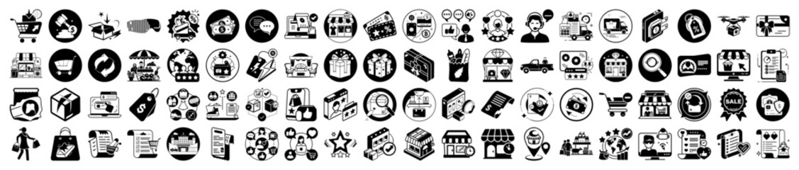 Vector art of collection of 100 black and white icons representing various aspects of ecommerce, shopping, business, and online services, isolated on a