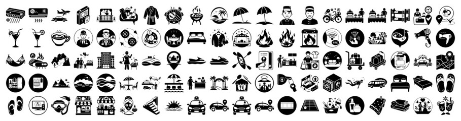 Vector art of collection of 100 black hotel and travel icons on a, representing various services and amenities such as transportation, accommodation, food, and leisure activities