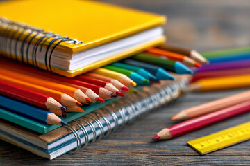 Fototapeta premium Stack of colorful notebooks with colored pencils on wooden table