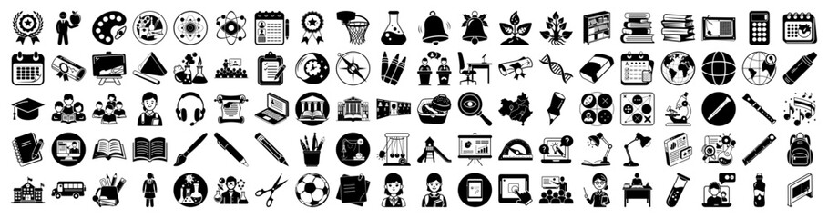 Vector art of a large collection of black and white icons representing education, science, art, and general office supplies, isolated on a