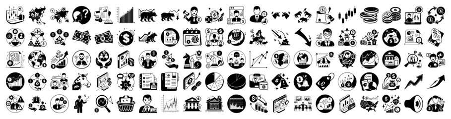 Fototapeta premium Vector art of collection of business and finance icons, including charts, graphs, people, money, and strategy elements