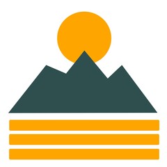 Minimal landscape illustration with mountains and sun. Flat vector design with simple geometric shapes, nature scene.