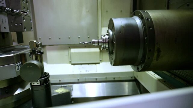 Close-up of a drill tool being inspected by a mechanism inside a CNC machine, conveying quality control, automation, and modern manufacturing technology