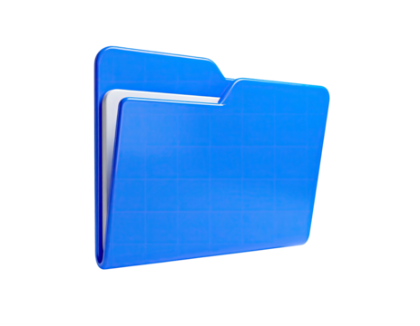 A glossy 3D-rendered blue file folder with open pocket, containing papers