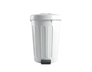 A white cylindrical trash can with a foot pedal and a closed lid, isolated