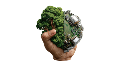 Eco-Innovation Fusion: A symbolic image of a hand cradling the harmonious blend of nature and technology, depicting the vital synergy of sustainable innovation, environmental protection.
