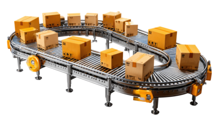 Automated Package Sorting System: A dynamic depiction of an automated package sorting system, showcasing cardboard boxes moving along a roller conveyor. This image evokes efficiency, modern logistics.