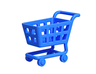 3D rendered vibrant blue shopping cart against a pure black background