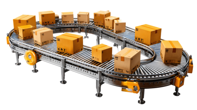 Automated Package Sorting System: A dynamic depiction of an automated package sorting system, showcasing cardboard boxes moving along a roller conveyor. This image evokes efficiency, modern logistics.