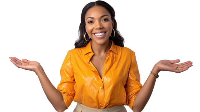Enthusiastic Woman: A confident young woman joyfully spreads her arms in a gesture of welcome or excitement, conveying warmth and openness through her bright smile.