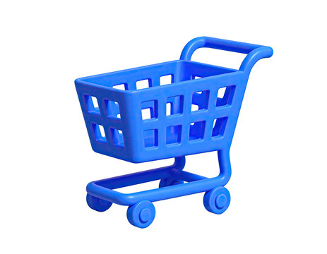 3D rendered vibrant blue shopping cart against a pure black background