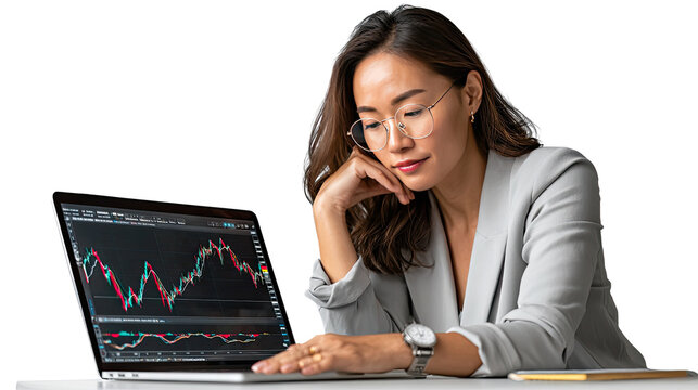 Financial Insight: An Asian businesswoman in professional attire, meticulously studies a stock market graph on a laptop, demonstrating a moment of deep concentration and business acumen. - Powered by Adobe